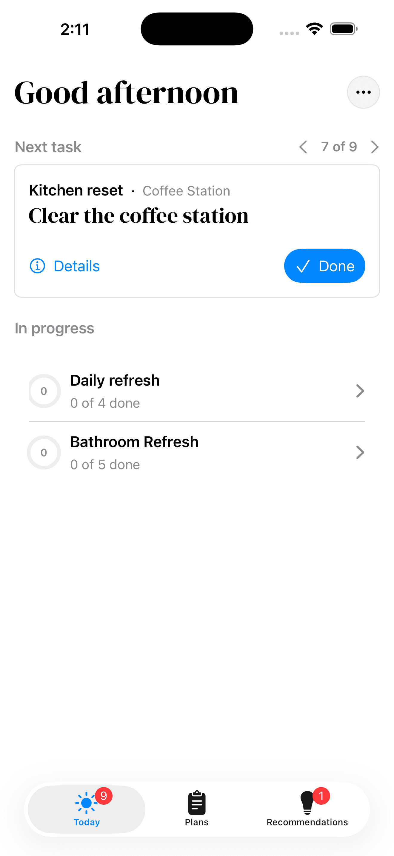 TidyHelper current task screen showing the next cleaning task