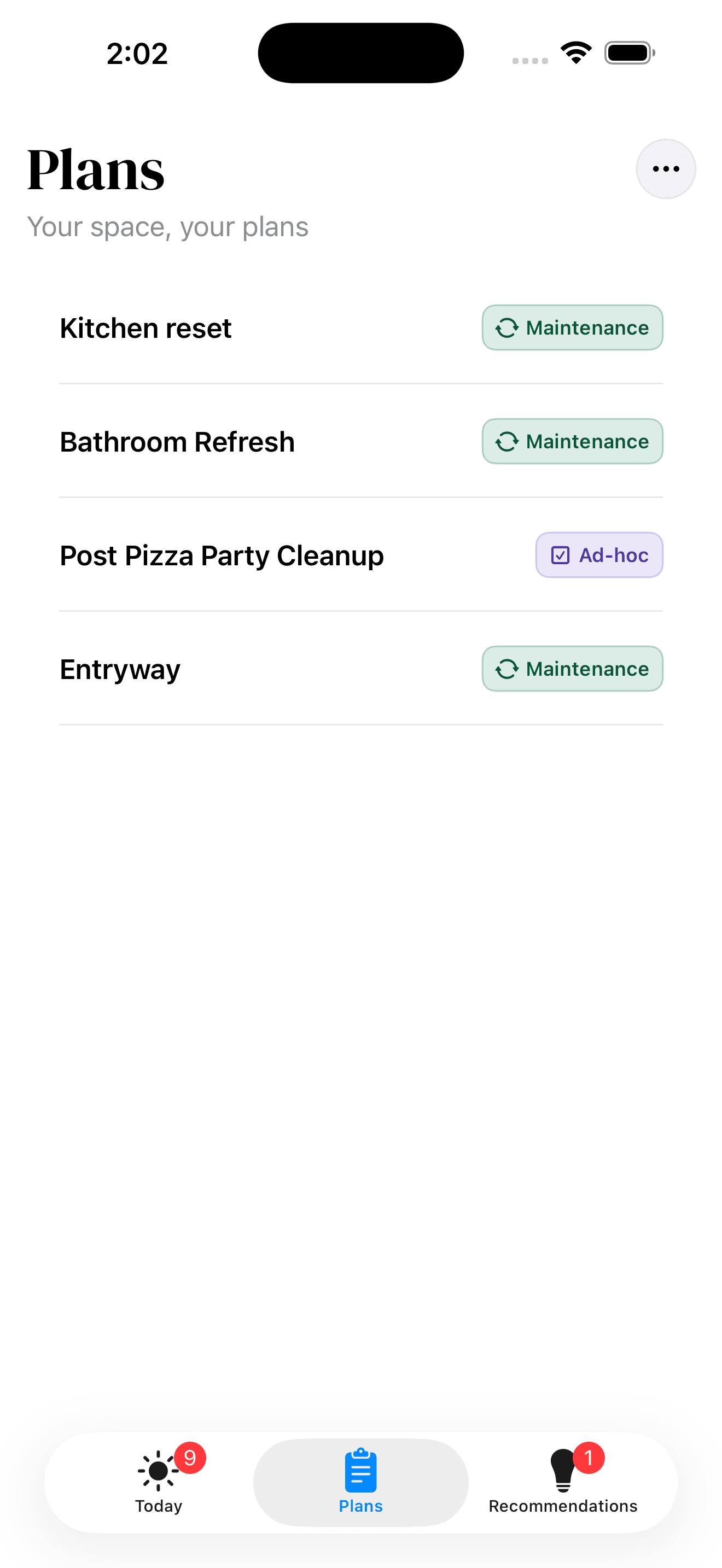 TidyHelper Plans screen with room-by-room cleaning plans