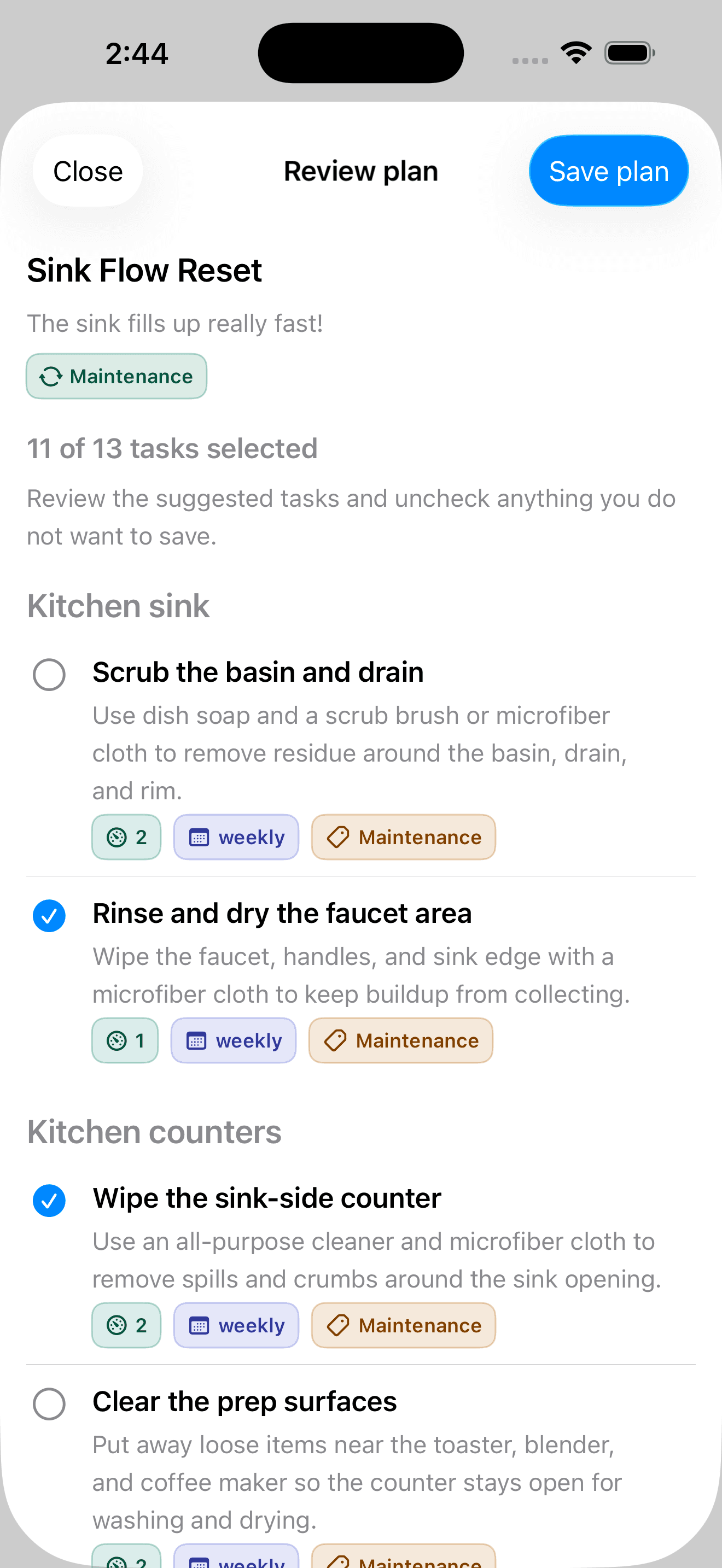 TidyHelper review sheet for saving an AI-generated cleaning plan